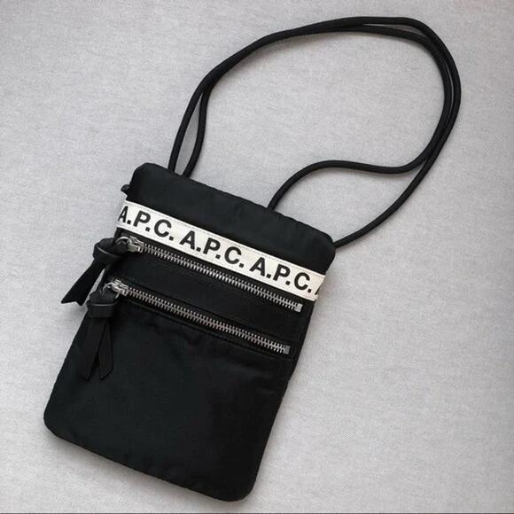 A.P.C. Black Nylon Logo Repeat Neck Pouch Crossbody Bag - Picture 2 of 12